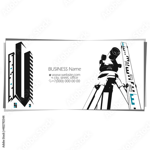 Measuring work on construction. Tool for geodetic measurements. Construction and renovation business card