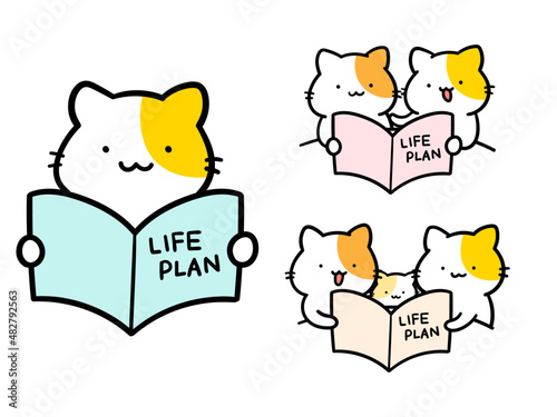 ライフプランを立てるかわいいねこのキャラクターの手書き風イラストセット