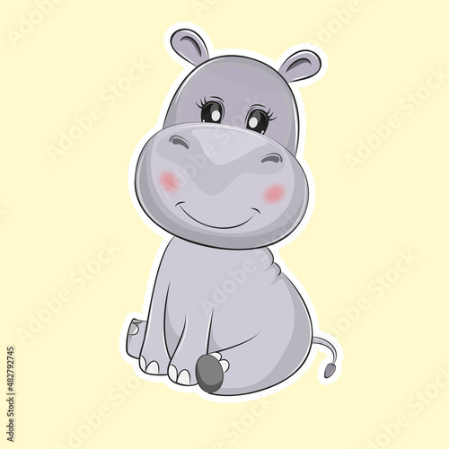Cute cartoon smiling hippopotamus baby on a light background.