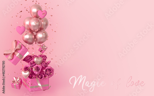 Banner, greeting card Happy Valentine's Day, all lovers, flying boxes with bows, heart, golden balloons, pink paper rose flowers, glitter tinsel, 3d rendering