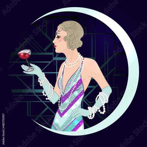 Flapper girl: Retro party invitation design template. Vector illustration.