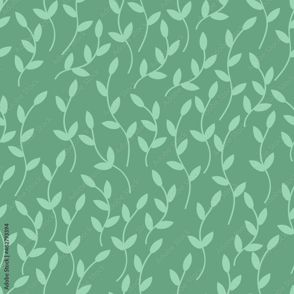 Seamless floral pattern with twigs and leaves on a green background. Vector natural texture for eco design textile, wallpapers, print on paper, fabric, scrapbooking.