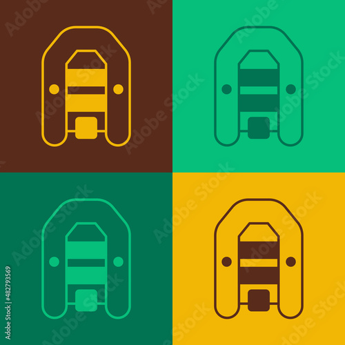 Pop art Inflatable boat with outboard motor icon isolated on color background. Vector