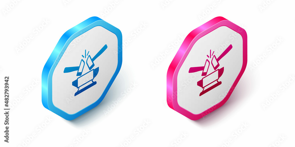 Isometric Blacksmith anvil tool and hammer icon isolated on white background. Metal forging. Forge tool. Hexagon button. Vector Isometric Blacksmith anvil tool and hammer icon isolated on white background. Metal forging. Forge tool. Hexagon button. Vector