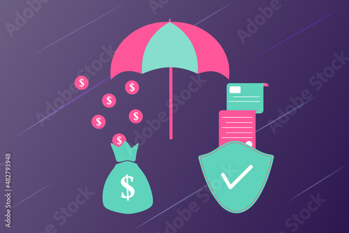Health insurance. Concept of medical insurance and life insurance. Protection of health and life of people with document of insurance. Healthcare, finance and medical service. Flat vector illustration
