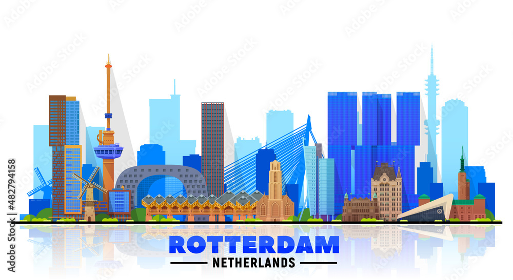Rotterdam the Netherlands skyline with panorama at white background. Vector Illustration. Business travel and tourism concept with modern buildings. Image for banner or website