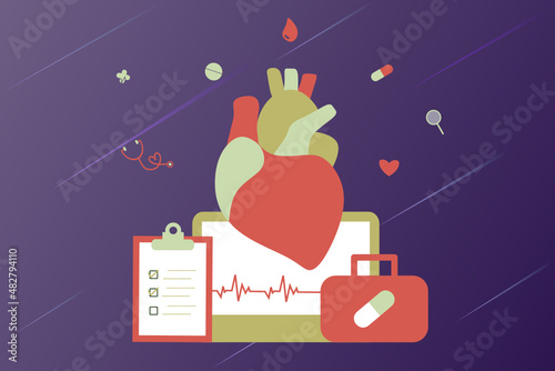 Modern heart medication, heart disease research concept. Cardiologist studying big heart model, drugs and heartbeat diagram. Vector illustration cardiovascular system, cholesterol, medical examination photo