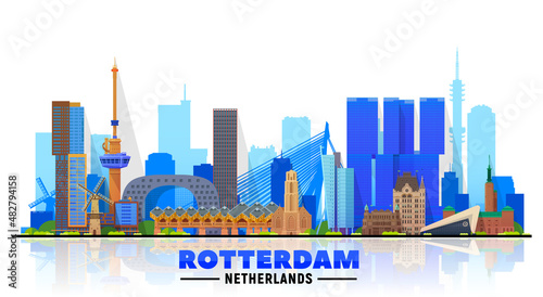 Rotterdam the Netherlands skyline with panorama at white background. Vector Illustration. Business travel and tourism concept with modern buildings. Image for banner or website photo