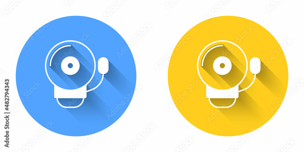 White Ringing alarm bell icon isolated with long shadow background. Fire alarm system. Service bell, handbell sign, notification symbol. Circle button. Vector White Ringing alarm bell icon isolated with long shadow background. Fire alarm system. Service bell, handbell sign, notification symbol. Circle button. Vector