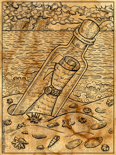 Old paper textured illustration of glass bottle with letter inside on the sea shore.  Nautical vintage drawings, marine concept, coloring book page, t-shirt and tattoo graphic