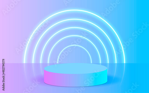 3D abstract studio room with pedestal. geometric platform with hologram color. Minimal scene for showcasing cosmetic products, showcase, advertising display.
