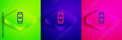 Isometric line Sugar stick packets icon isolated on green, blue and pink background. Blank individual package for bulk food products as coffee, salt, spices. Square button. Vector