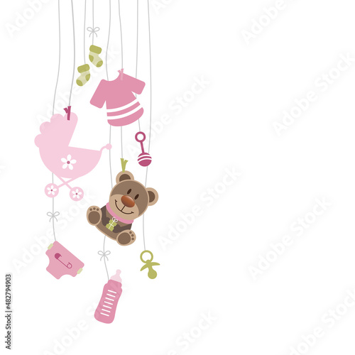 Links Hängende Babysymbole Mädchen Mit Teddy Rosa Olivgrün