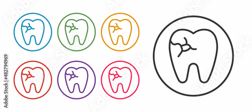 Set line Tooth with caries icon isolated on white background. Tooth decay. Set icons colorful. Vector