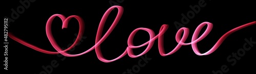 Word and inscription love with heart written in neon red color in calligraphic handwriting on black background