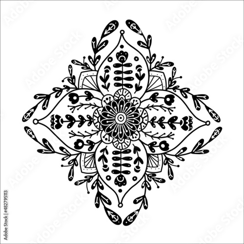 Vector monochrome floral clipart with folk ornament. Black rural contour flower composition on white background. Natural outline naive postcard with petals and stems