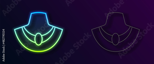 Glowing neon line Necklace on mannequin icon isolated on black background. Vector