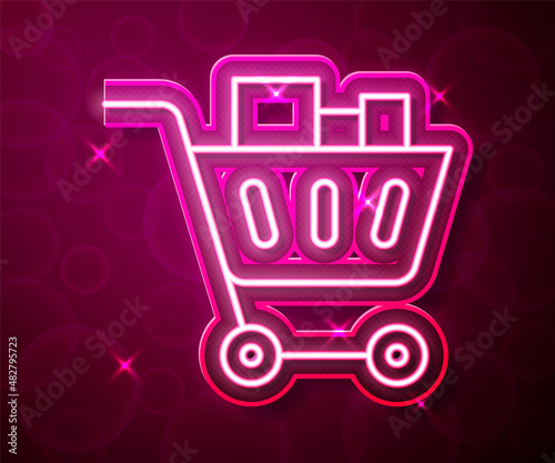 Glowing neon line Shopping cart and food icon isolated on red background. Food store, supermarket. Vector