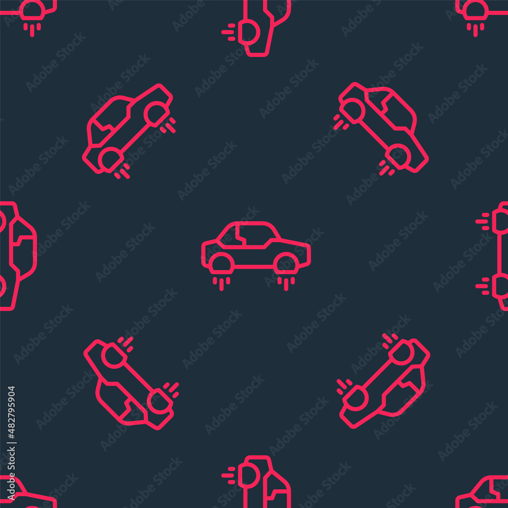 Fototapeta premium Red line Fantastic flying car icon isolated seamless pattern on black background. Hover car future technology future transport. Vector