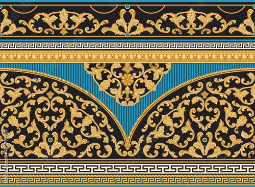 Vector seamless border on a turquoise stripes background. Greek meander frieze, gold cable garland, Baroque golden flower scrolls 