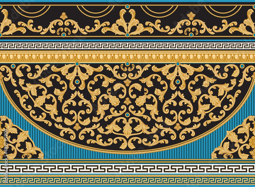Vector seamless border on a turquoise stripes background. Greek meander frieze, gold cable garland, Baroque golden flower scrolls 