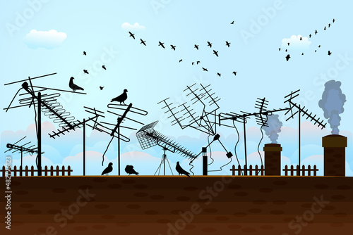 Blue sky with clouds and birds over roof with many television aerials. Radio towers and antenna on rooftop of house.Silhouettes of different television receiver aerials on housetop.Vector illustration