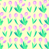 Vector seamless pattern with pink tulip flowers. Hand drawn spring texture, background. For wrapping paper, textile, greeting card, wedding, birthday, mother's or women's or Valentine's Day