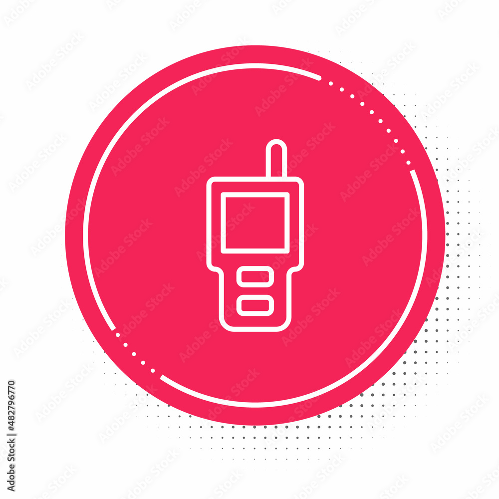 White line Walkie talkie icon isolated on white background. Portable radio transmitter icon. Radio transceiver sign. Red circle button. Vector White line Walkie talkie icon isolated on white background. Portable radio transmitter icon. Radio transceiver sign. Red circle button. Vector