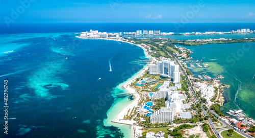Aeria view of the complex of hotels and beaches on the shores of the Gulf of Mexico in Cancun, Zona Hoteliera. Caribbean coast, Yucatan, Mexico photo