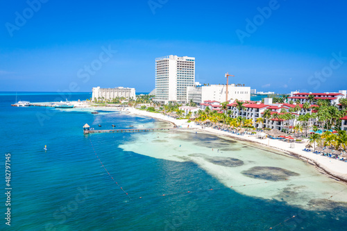 Aeria view of the complex of hotels and beaches on the shores of the Gulf of Mexico in Cancun, Zona Hoteliera. Caribbean coast, Yucatan, Mexico photo