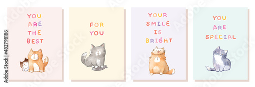 Vector Illustration of Cute Cat Postcard Set 