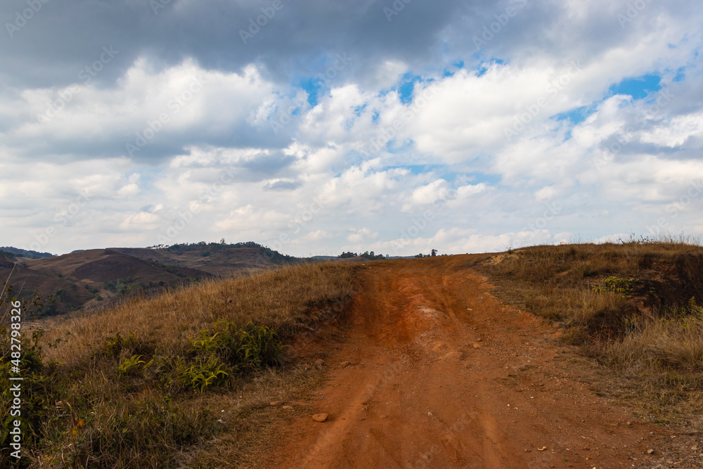 Fototapeta premium isolated countryside road with bright blue sky at morning from flat angle