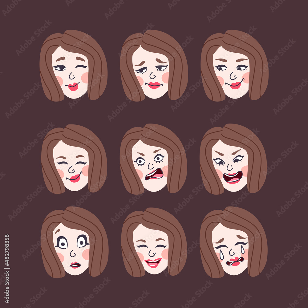 Set of woman's emotions. Facial expression. Girl Avatar. Illustration of a flat design, Vector format Set of woman's emotions. Facial expression. Girl Avatar. Illustration of a flat design, Vector format