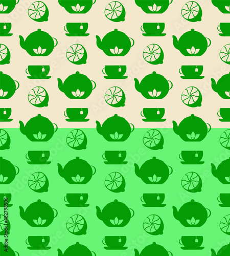 Tea time monochrome seamless pattern. Silhouettes of tableware utencil, teapot, cup, lemon fruit, geometric grid, green tones color palette. White or green easy editable color background. Vector