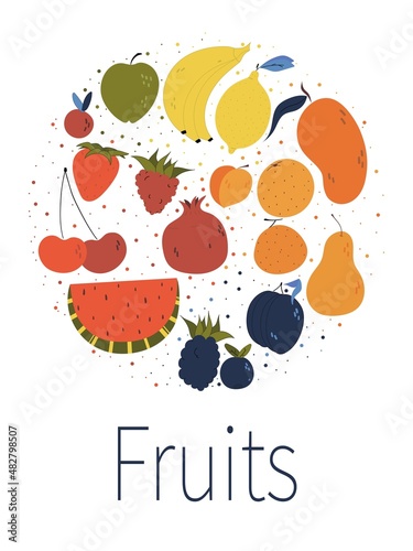 Organic fruit circle pattern Cherry ,Banana ,Strawberry ,Mango,Watermelon, Orange, green apple ,Blueberry, Lemon, raspberry, pear, tangerine, bellies, plum, garnet on white background. Vector card.