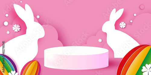 Happy Easter Bunny. 3D Podium scene or pedestal on pink bg with paper cut rabbit , eggs and flower. Trendy Easter design. Modern paper cut style. Spring time. Poster, greetingscard, header for web.