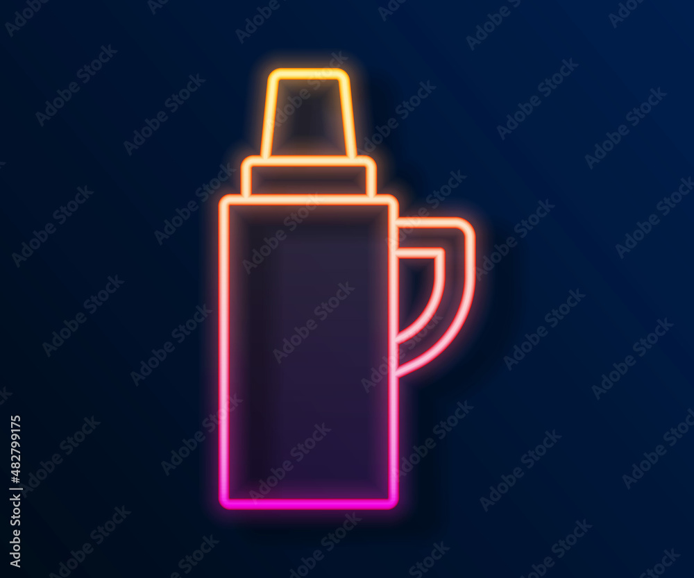 Glowing neon line Thermos container icon isolated on black background. Thermo flask icon. Camping and hiking equipment. Vector Glowing neon line Thermos container icon isolated on black background. Thermo flask icon. Camping and hiking equipment. Vector