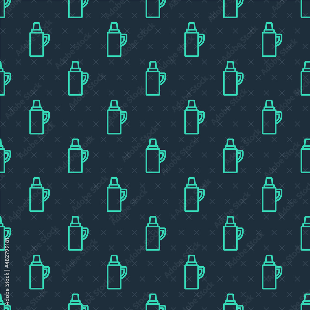 Green line Thermos container icon isolated seamless pattern on blue background. Thermo flask icon. Camping and hiking equipment. Vector Green line Thermos container icon isolated seamless pattern on blue background. Thermo flask icon. Camping and hiking equipment. Vector