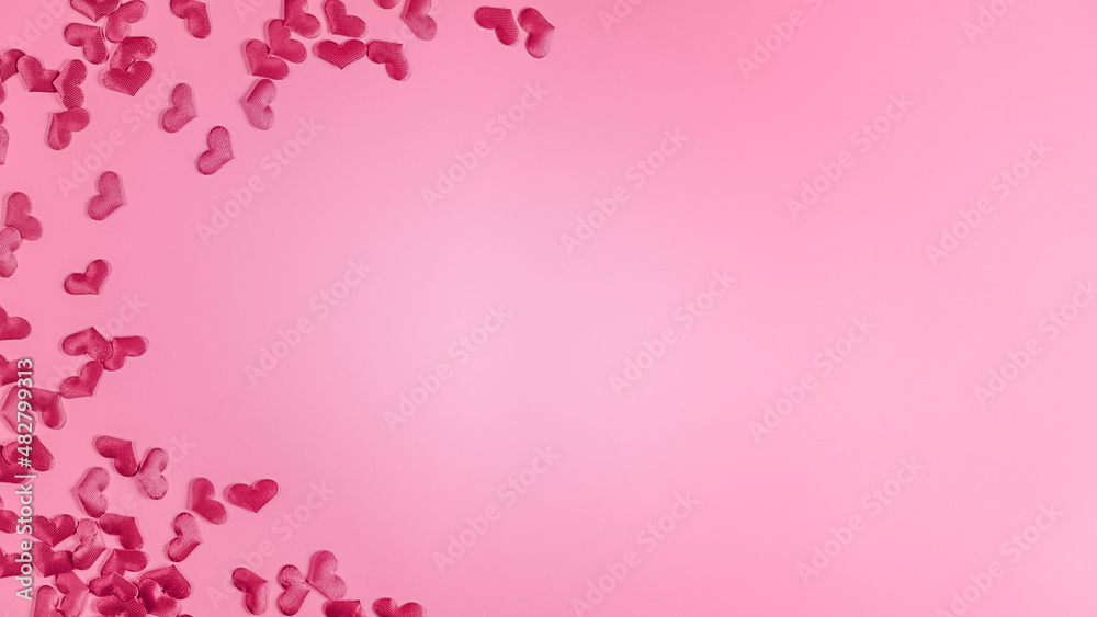 Valentine's Day background. Pink hearts on pastel pink background. Valentines day concept. Flat lay, copy space