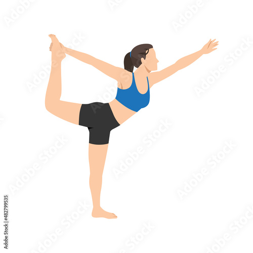 Woman doing lord of the dance pose natarajasana exercise. Flat vector illustration isolated on white background photo