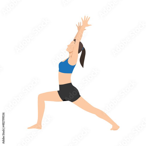 Woman doing warrior I pose virabhadrasana exercise. Flat vector illustration isolated on white background