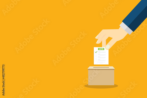 Hand holding voting ballot and ballot box. Voting and election concept. Ballot Box Icon. Vector illustration.	