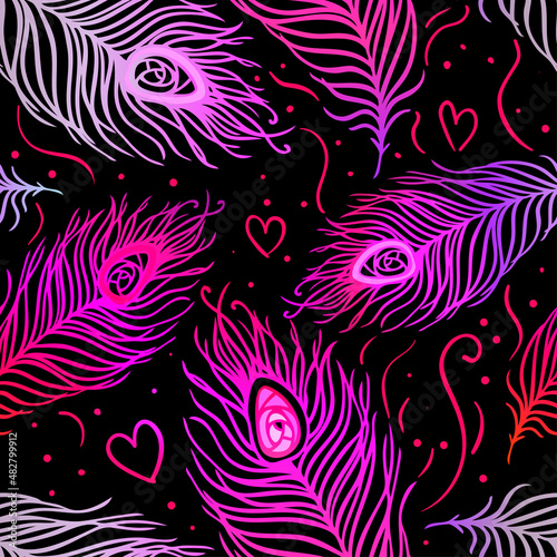 Peacock feathers. Colorful seamless pattern. Vector illustration.