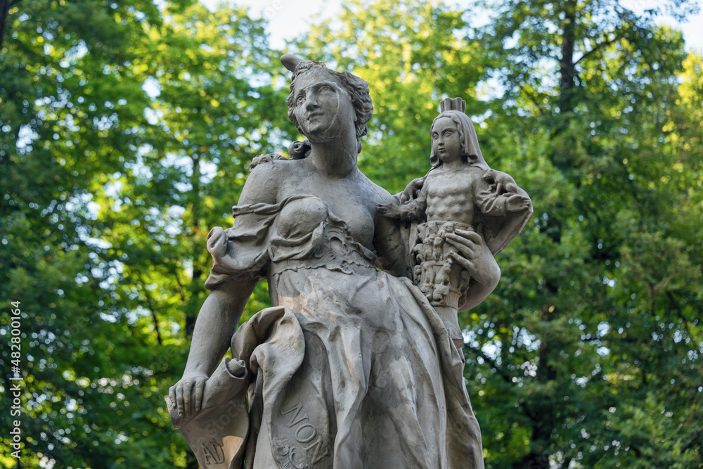 Sandstone statues in the Saxon Garden, Warsaw, Poland. Made before 1745 by anonymous Warsaw sculptor under the direction of Johann Georg Plersch. Statues of Greek mythical muses