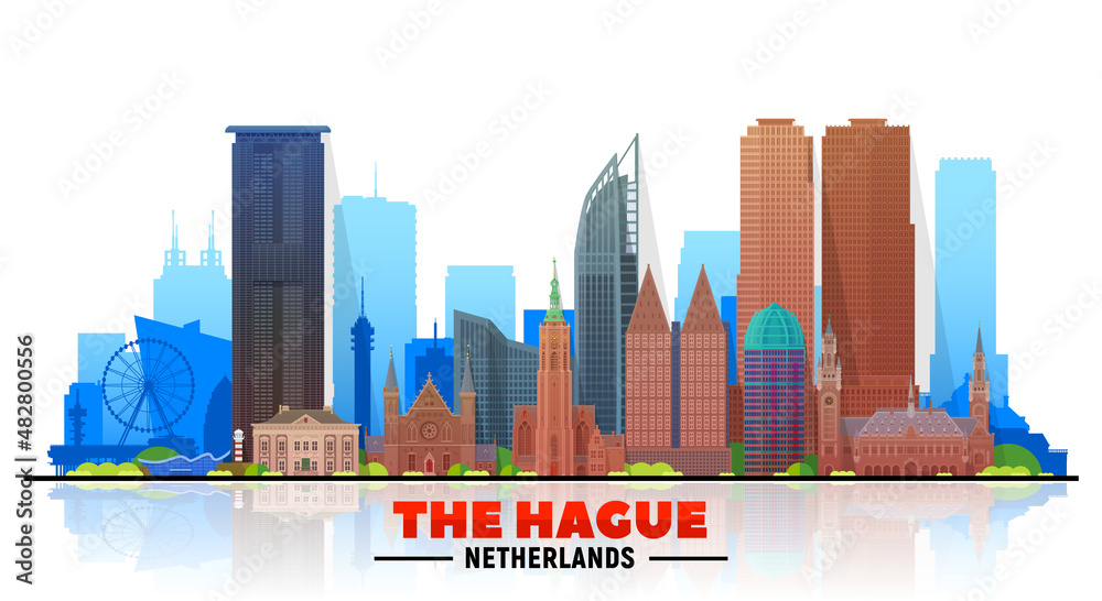 The Hague (The Netherlands) skyline with panorama in white background. Vector Illustration. Business travel and tourism concept with modern buildings. Image for banner or website