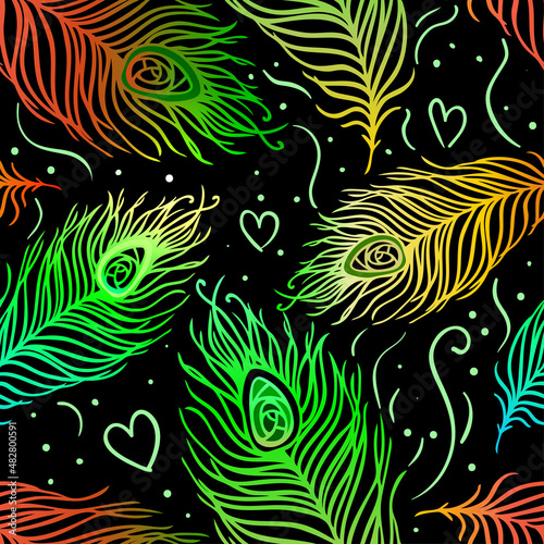 Peacock feathers. Colorful seamless pattern. Vector illustration.
