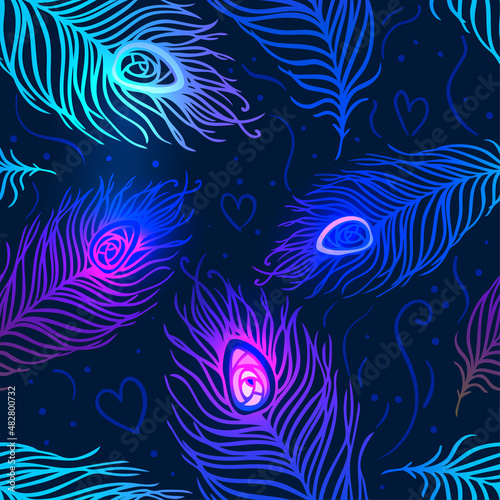 Peacock feathers. Colorful seamless pattern. Vector illustration.