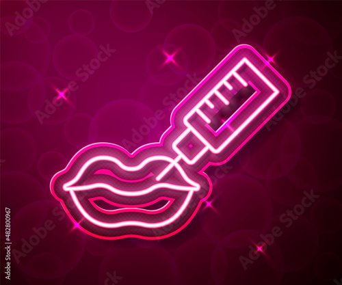 Glowing neon line Lip augmentation icon isolated on red background. Hyaluronic acid lips injection. Contour plastic. Vector