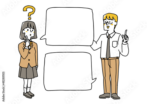 ブレザーを着た女の子と先生　質問と答え　コピースペース　コミカルな手書きの人物イラスト　