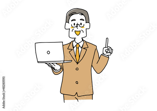 ノートパソコンを手に説明をする中年男性　コミカルな手書きの人物　ベクター、線画にシンプルな色つけ